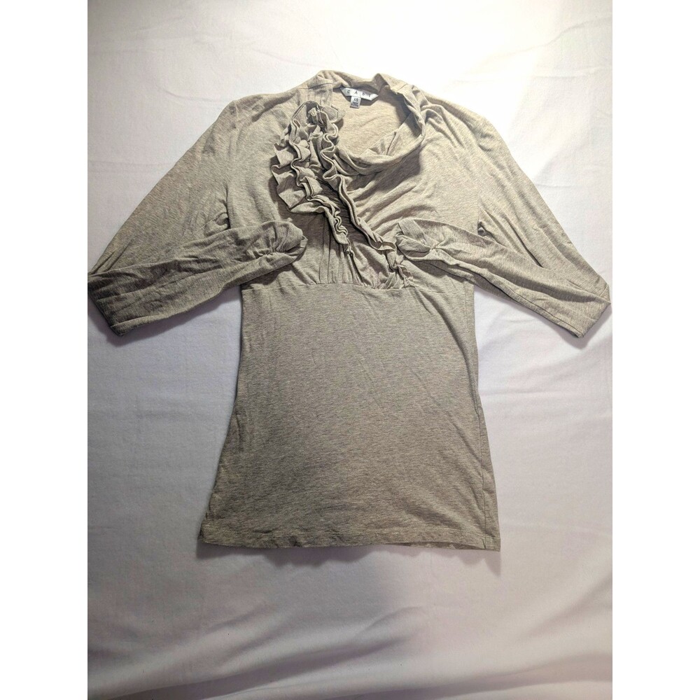 CAbi Beige Solid Ruffle Cowl Neck Knit Cotton 3/4 Sleeve Top Women XS
